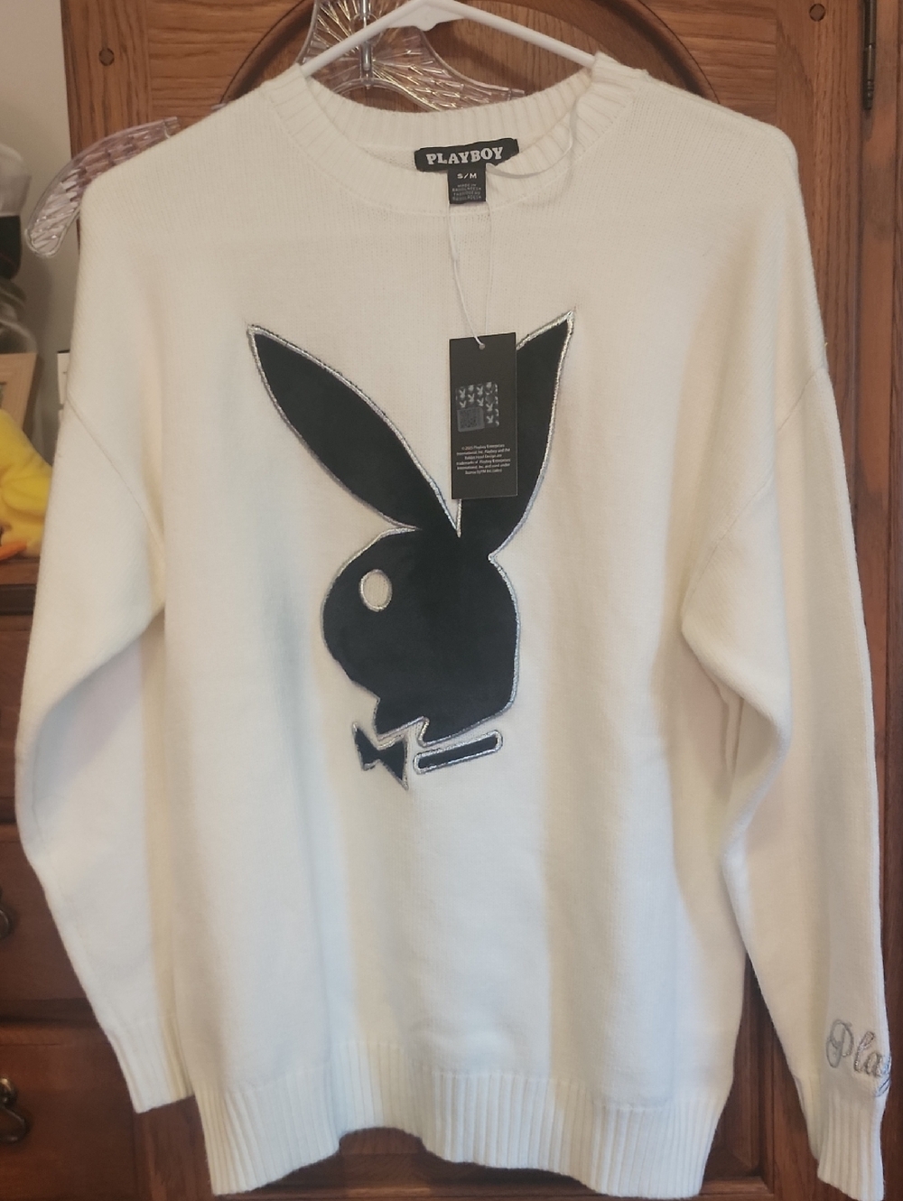 PLAYBOY White Crewneck Sweater with Black Bunny Patch